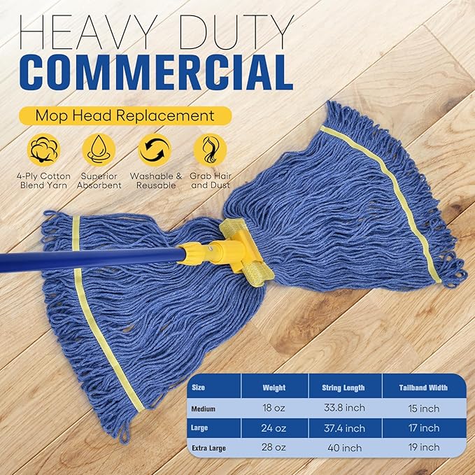 Matthew Cleaning Commercial Mop Head Replacement 5 Inch Wide Headband Looped End Cotton Blend String Wet Mops for Floor Cleaning 24 oz Large Case Pack 12 Pcs Blue