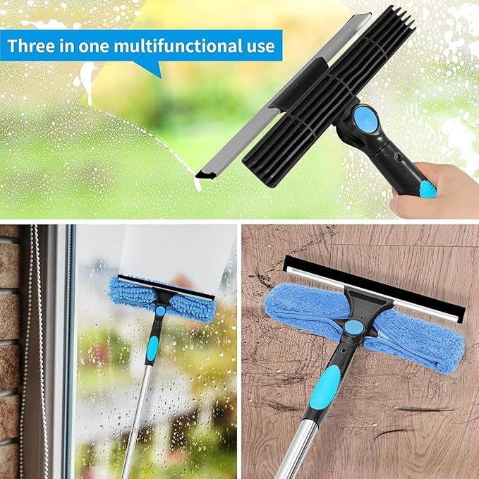 Double-Sided Window Cleaning Tool for Glass Surfaces High-Rise Reach Scraper with Stainless Steel Blade Ergonomic Handle for Easy Use 41 x 14 x 6 cm Silver and Blue(A)