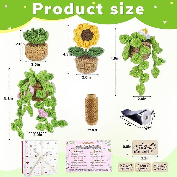 4 Pcs Crochet Plant Vent Clips for CarHandmade Mini Plant Car Air Fresheners with Inspirational CardsSucculent Sunflower Potted Plants Car Vent Clips Xmas Crochet Gift for Plants Lover with Gift Box