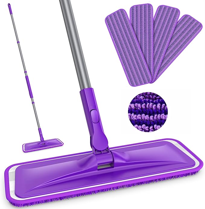 Grey Flat Floor Mop with 4 Reusable Microfiber Pads for Dusting + Purple Flat Floor Mop with 4 Washable Microfiber Pads for Mopping