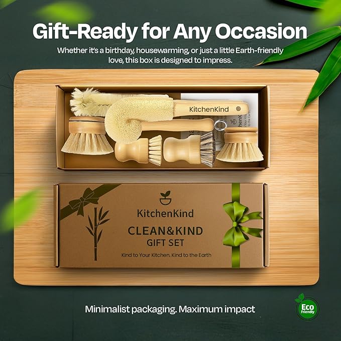 Clean &amp Kind Gift Set – Premium 6-Piece Eco-Friendly Bamboo Kitchen Brush Set with Natural Bristles &amp Wooden Handles