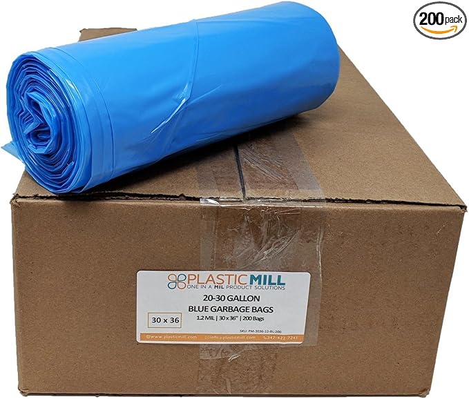 PlasticMill Heavy Duty Trash Bags - Blue Garbage Bags - Plastic Trash Bags - Tall Trash Bags Trash Can Liners - 20-30 Gallon Large Kitchen Trash Bags 1.2 Mil 30x36 (200-Count)