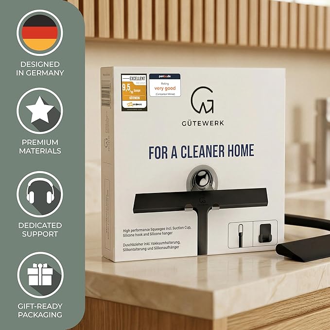 GÜTEWERK Shower Squeegee for Glass Doors Silicone Window Squeegee Bathroom and Glass Cleaning - Black - 13 Inch