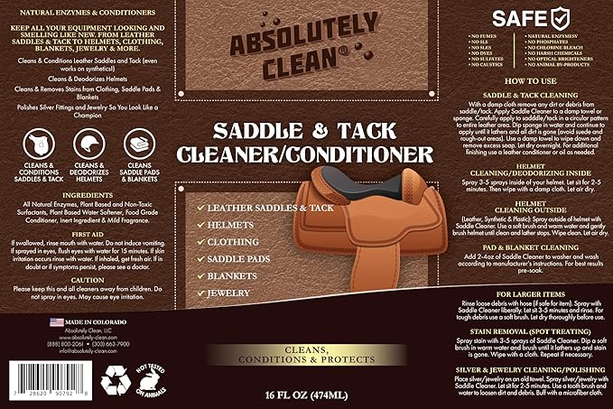 Absolutely Clean Amazing Saddle Soap Spray for Leather Cleaning &amp Tack Cleaner and Conditioner - Cleans Helmets Clothing Saddle Pads Blankets &amp More - USA Made