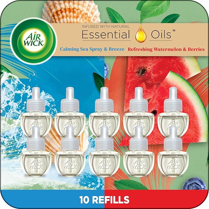 Air Wick Plug in Scented Oil Refill 10ct Calming Sea Spray Breeze &amp Fresh Watermelon Air Freshener Essential Oils