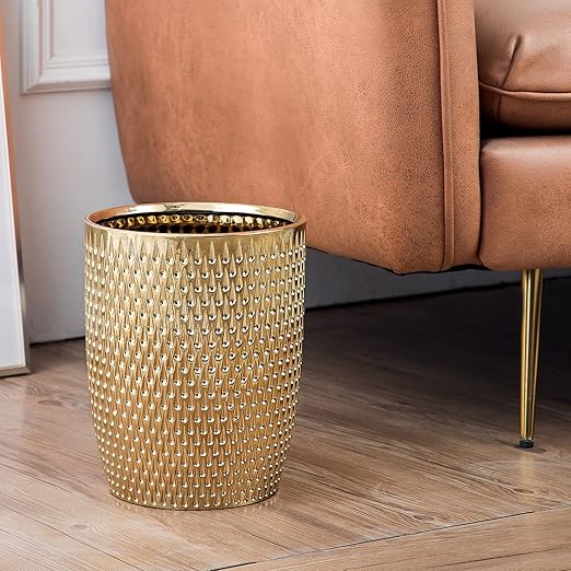 Modern Golden Small Trash Can Wastebasket Garbage Container Bin for Bathrooms Powder Rooms Kitchens Home Offices - Durable Ceramics - Round