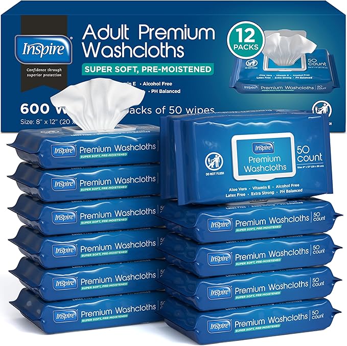 Inspire Adult Wet Wipes Wash Cloths | Adult Wipes for Incontinence &amp Cleansing for Elderly 8x12 Count 12 packs of 50