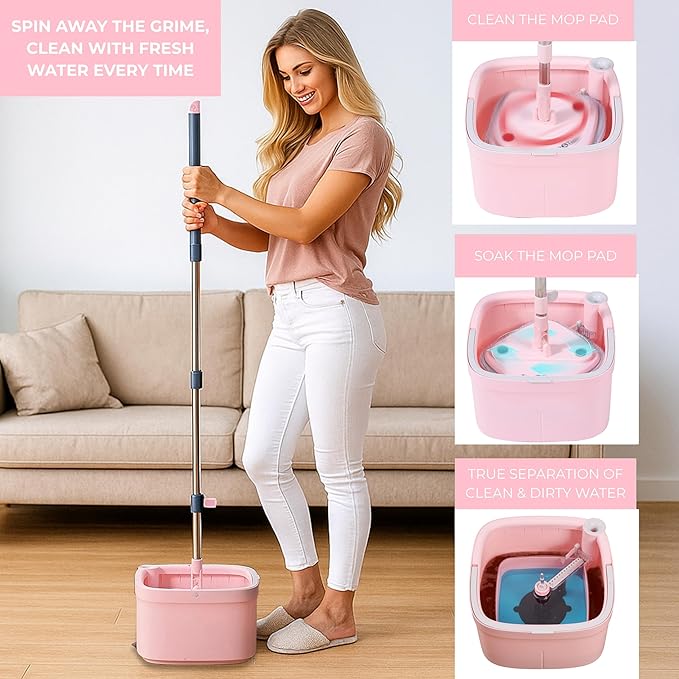 True &amp Tidy® True Clean Mop and Bucket System Includes Square Spin Dual Compartment Mop Bucket and 2 Thick Machine Washable Pads New Upgraded with Side Brush &amp Self Standing Handle Rose