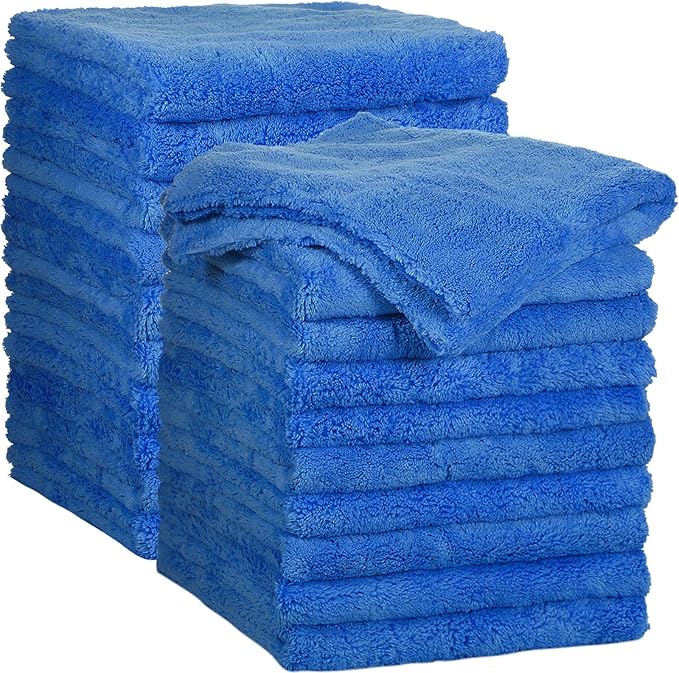 Shimeyao 20 Pcs 16 x 16 Inch Edgeless Microfiber Plush Towels for Cars Detailing Drying Wash Polishing Absorbent Cleaning Cloths 500 GSM(Blue)