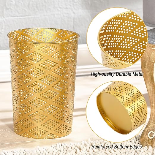 Metal Gold Trash Can Modern Cylindrical Gold Garbage Can Metal Waste Basket for Office Bathroom Bedroom &amp Small Spaces 7.28 D x 10 H