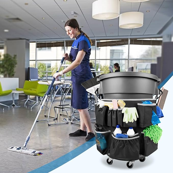 Trash Can Caddy Bag Fit 32-55 Gallon Garbage Bin Cleaning Caddy Bag with Adjustable Buckle for Industrial Trash Can 13 Pockets Cleaning Tool Organizer for Cleaning Supplies Gray Edge