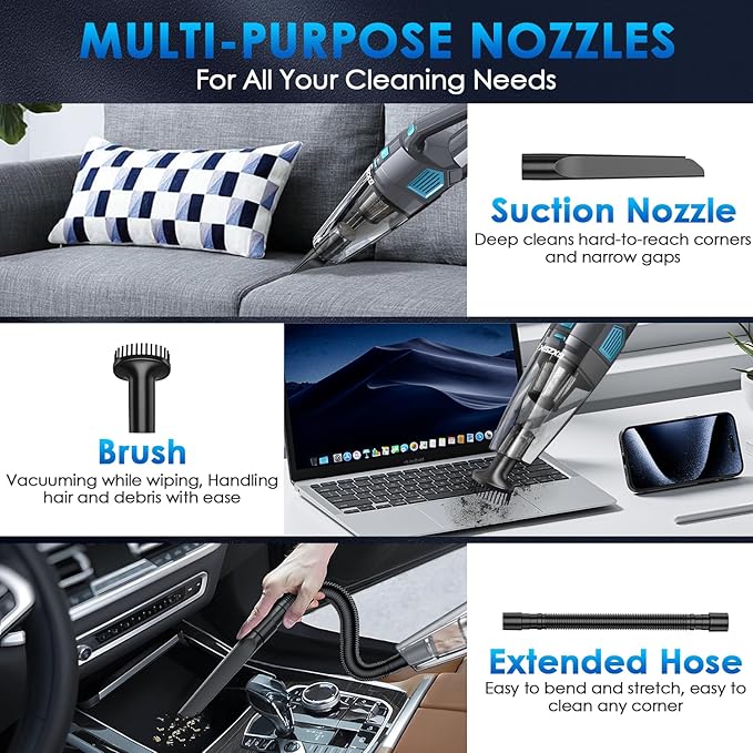 Handheld Vacuum Cordless 15000PA Strong Suction Hand Held Car Vacuum Cleaner Rechargeable Portable Hand Vacuum with Multi-Nozzles &amp Washable Filter for Home Office Car Pets