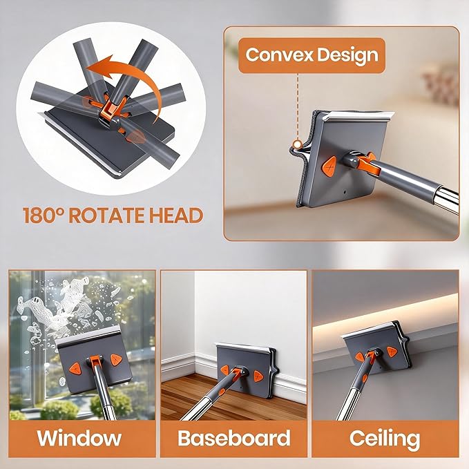 85'' Wall &amp Ceiling Mop with Long Handle Wall and Baseboard Cleaner Tool 2 Mop Heads (Triangle Corner + Square) 8 Reusable Washable Pads (Chenille/Microfiber/Scrub) for Shower Walls Tile Floo