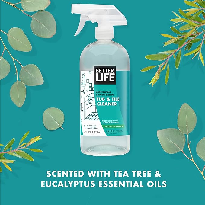 BETTER LIFE Bathroom Cleaner - Tea Tree Bathtub &amp Shower Cleaner Spray for Glass and Tile - Foaming Mold and Mildew Remover for Tub Works on Hard Water Stains - 1 Gal Refill