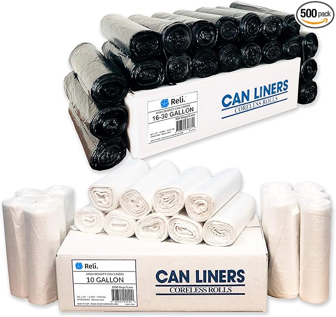 Reli. 6-10 Gallon &amp 16-25 Gallon Trash Bags - 1000 &amp 500 Count Bundle