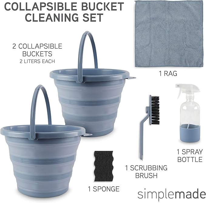 SIMPLEMADE Collapsible Bucket Cleaning Set - Includes 2 Foldable Buckets Spray Bottle Rag Scrubbing Brush and Sponge - Holds Up to 10 liters Easy Storage All-Purpose Cleaning Solution