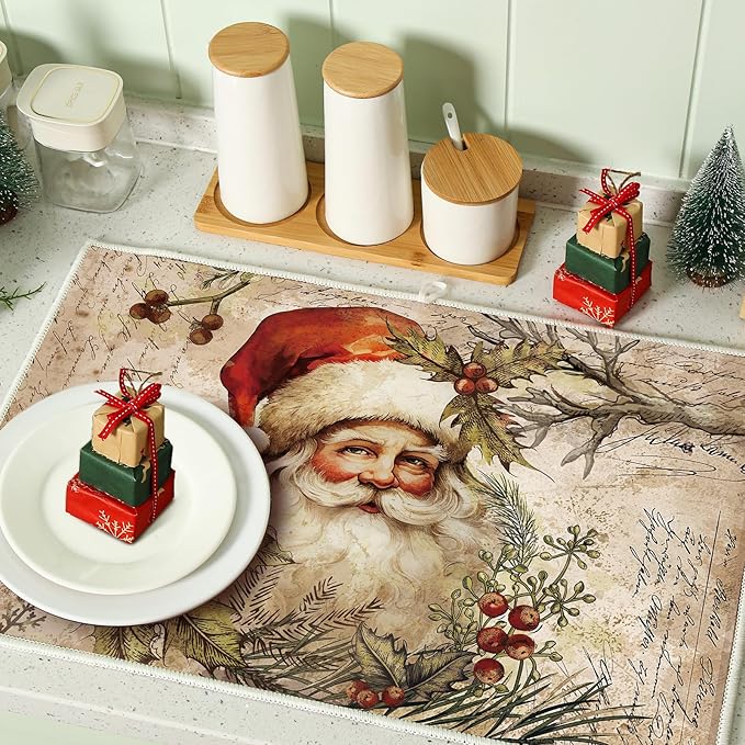 Meanplan Set of 6 Christmas Dish Drying Mats for Kitchen 24x 16 Retro Xmas Kitchen Accessories Santa Berries Rectangle Table Mats Washable Absorbent Drainer Draining Dry Pad for Christmas Home Decor