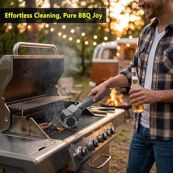 Electric Grill Brush 3-in-1 Kit – Cordless BBQ Cleaner with Reinforced Safe Metal Bristles – 2 Hours Runtime Waterproof &amp Dishwasher Safe Removable Brushes for Deep Cleaning (Light Gray)