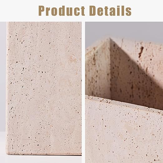 Modern Square Travertine Waste Basket Natural Stone Bathroom Trash Can Decorative Home Garbage Container Beautiful Travertine Look Rubbish Bin for Bathroom Bedroom Kitchen Home Office