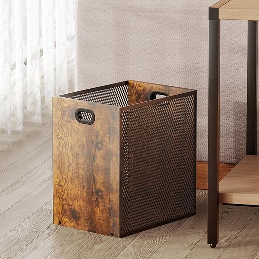 Retro Office Trash Can Iron and Wood Combination Bedroom Garbage Can Rectangular Design Wastebasket with Handle Industrial Style Trash Can for Home Office 11.02 X 7.87 X 11.81 4.5 Gallon (2)