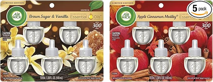 Air Wick Plug in Scented Oil 5 Refills Apple Cinnamon Medley 3.38 oz and Plug in Scented Oil 5 Refills Brown Sugar and Vanilla Fall scent Fall spray 0.67 Fl Oz (Pack of 5)