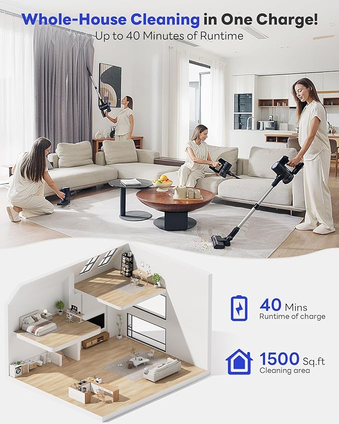 Cordless Vacuum Cleaner 45KPA Stick Vacuum Cleaners for Home with Up to 40 Mins Runtime 6-in-1 Rechargeable Lightweight Vacuum with Powerful Suction for Carpets Pet Hair Hardwood Floors