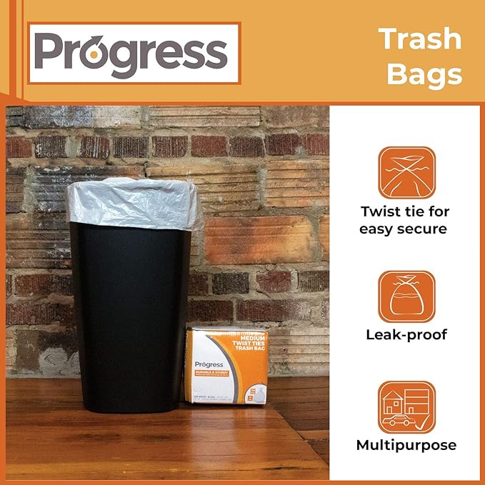 Progress Trash Bags – 8 Gallon Twist Tie Portable Garbage Bags Can Liners for Kitchen Bedroom Bathroom Office Car | Waste Disposal Supplies (200 Count)