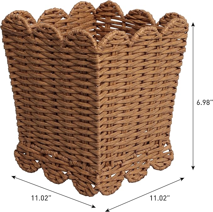 happimess HPM1409A-SET2 Silas Modern Farmhouse Resin 3.3-Gallon Tapered Square Wicker Watebasket with Scalloped Edge Natural (Set of 2)