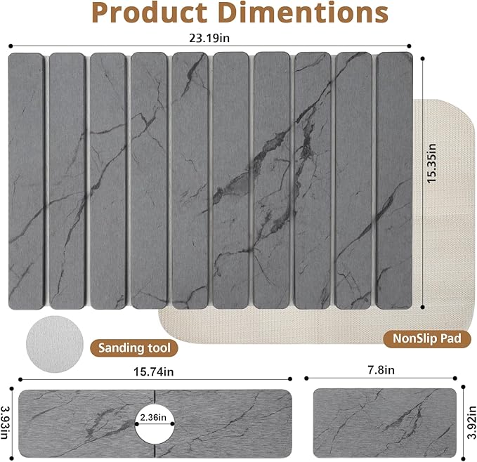 3 PCS Large Stone Dish Drying Mat for Kitchen Counter Quick Dry Stone Dishes Mats Foldable and Super Absorbent Diatomaceous Earth Drying Pad for Plate Rack Utensils 24×16 Dark Gray Marble