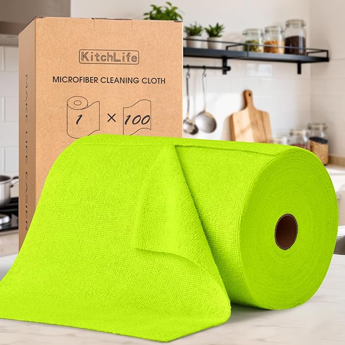 KitchLife Microfiber Cleaning Cloth Roll 100 Pack - Tear-Away Microfiber Paper Towels Lint-Free Reusable Washable for Kitchen Car Dishes and Sensitive Surfaces (Neon Green)