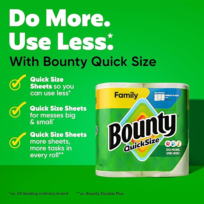 Bounty Paper Towels Quick Size White 16 Family Rolls = 40 Regular Rolls