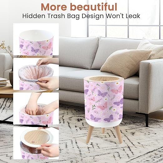 Bathroom Trash Can with Lid Pink Purple Butterfly Daisy Flower Spring Seamless Garbage Bin Waste Basket for Kitchen Office Bedroom Decoration Diaper Pail 1.8 Gallon