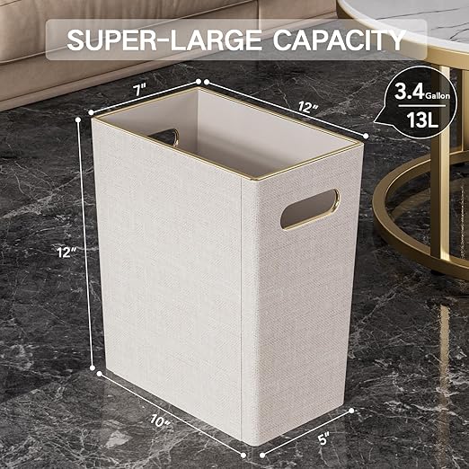 Beige White Trash Can Waste basket3/4 Gallon Office Pu Leather Wastebasket with Gold-Tone Edging Decoration for Bathroom Garbage Cans for Toilet Bedroom Living Room Office home modern decor