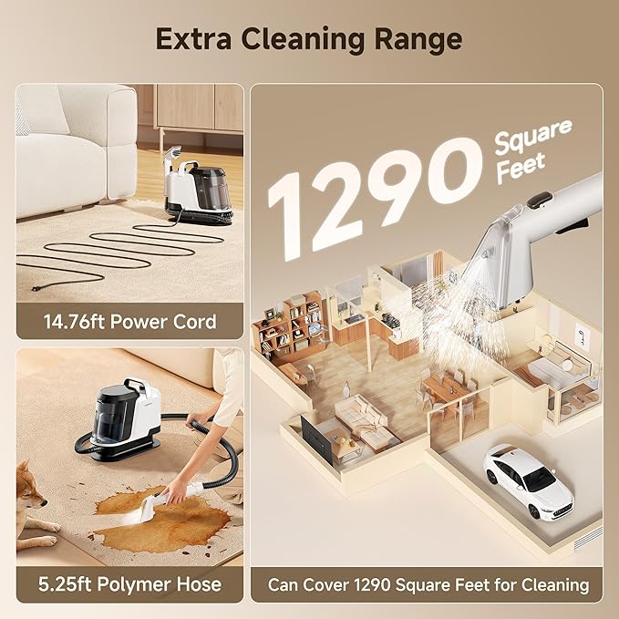 uwant Portable Carpet and Upholstery for Deep Cleaner 18Kpa Carpet Cleaner Machine for Cars Pets with Cleaning Tool and Self Cleaning Set of 1 for Spot Rug Couch