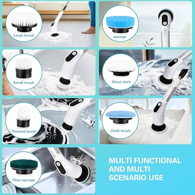 LICHIFIT Electric Spin Scrubber Waterproof Cordless Shower Cleaning Brush with Replaceable Brush Heads and Adjustable Extension Handle 2 Speeds for Bathtub Kitchen Wall Cleaning