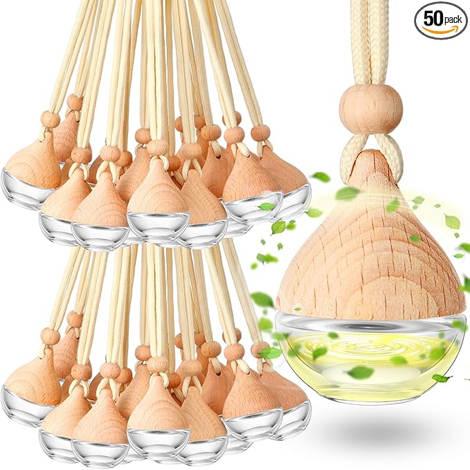 Rtteri 50 Pcs Car Air Fresheners Diffuser for Essential Oil Empty Hanging Bottle Glass Bottles Refillable Perfume Pendant Aromatherapy Fragrance Ornament Decor(Simple Style)