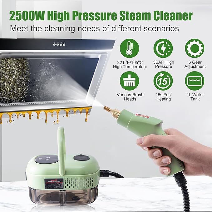 Handheld Steam CleanerSteam Cleaner with Smart Touch Screen High Pressure Steamer15sec Heat-up Deep Cleaning Steamer(Green) for KitchenBathroomFurnitureCarGroutTile and More
