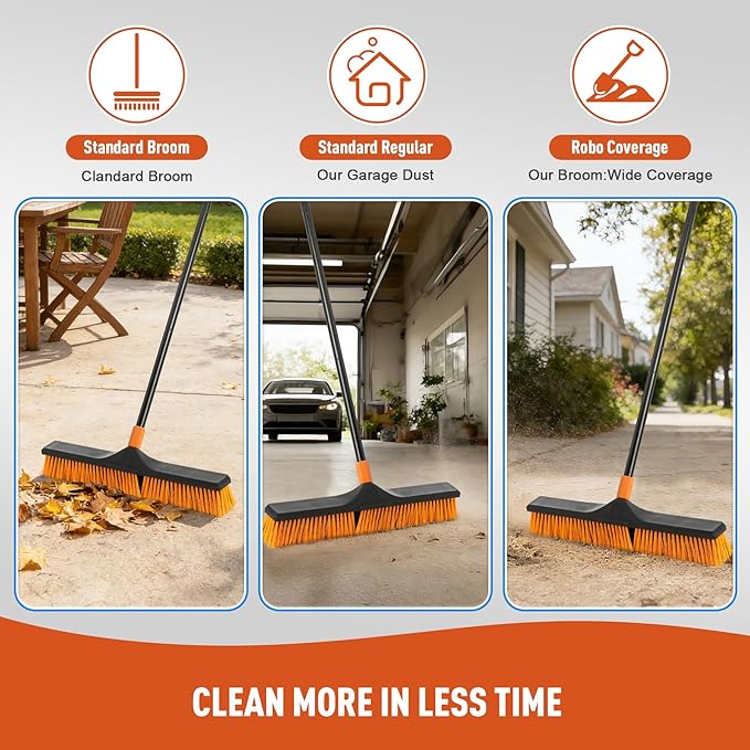 24”Push Broom Brush for Floor Cleaning with 65” Long Handle and Stiff Bristles Heavy Duty Brush for Shop Deck Garage ConcreteIndoor and Outdoor BroomOrange
