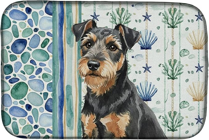 Caroline's Treasures Black and Tan Lakeland Terrier Coastal Sea Glass Dish Drying Mat Absorbent Dish Drying Mat Pad for Kitchen Counter Dish Drainer Mat for Countertop 14 x 21 Multicolor