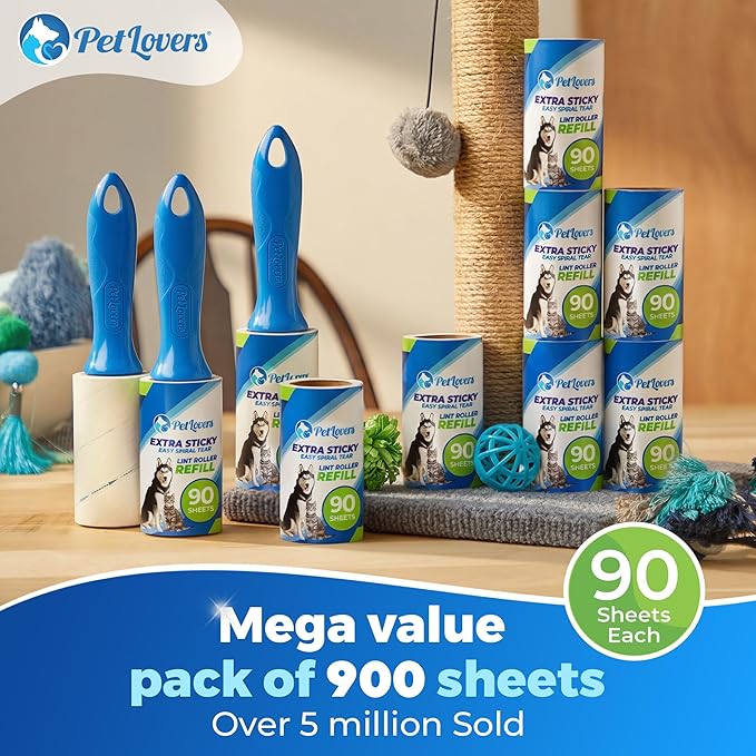 PetLovers Extra Sticky Lint Roller Mega Value Set 900 Sheets for Pet Hair Removal and Clothes Dog and Cat Lint Remover 10 Pack