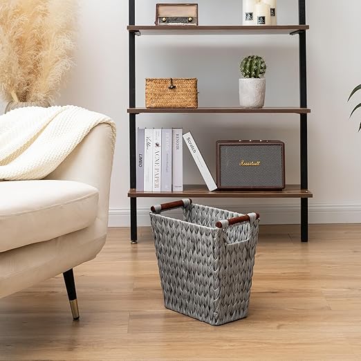 GRANNY SAYS Woven Waste Basket Gray Wicker Basket with Wood Handles Wicker Waste Basket for Bathroom Living Room 2-Pack 13 x 7 ½ x 12 ½