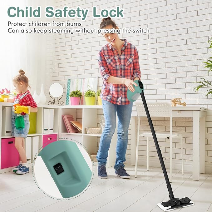 Handheld Steam Cleaner 1400W Pressurized Steamer with 17 Pieces Accessory Set &amp Child Lock Multipurpose Portable Steam Mop for Home Use Floors Windows Cars Sofas (Green)