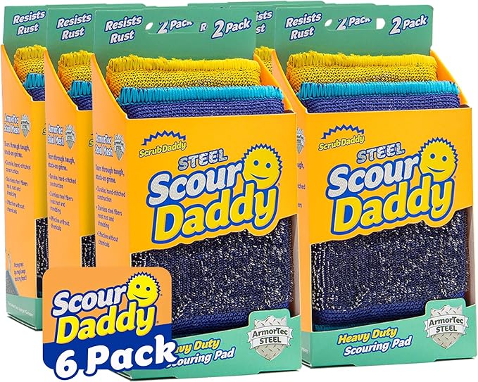 Scrub Daddy Steel Scouring Pad Scrub Sponges - Stainless Steel Scour Daddy - Stainless Steel Fibers Do What Scrubbing Sponges Can't - Durable Shred-Resistant Scrubbing Pads - 2 Count (6 Pack)
