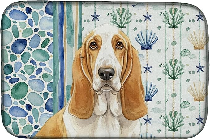 Caroline's Treasures Lemon and White Basset Hound Coastal Sea Glass Dish Drying Mat Absorbent Dish Drying Mat Pad for Kitchen Counter Dish Drainer Mat for Countertop 14 x 21 Multicolor