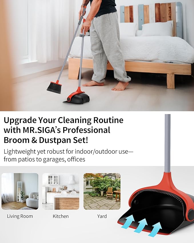 MR.SIGA Broom and Dustpan Set with Long Handle Stand Upright Broom with Dustpan Combo for Floor Cleaning Lightweight Sweeping Set for Indoor and Outdoor Use 51.7(131 cm) Long Handle Black &amp R
