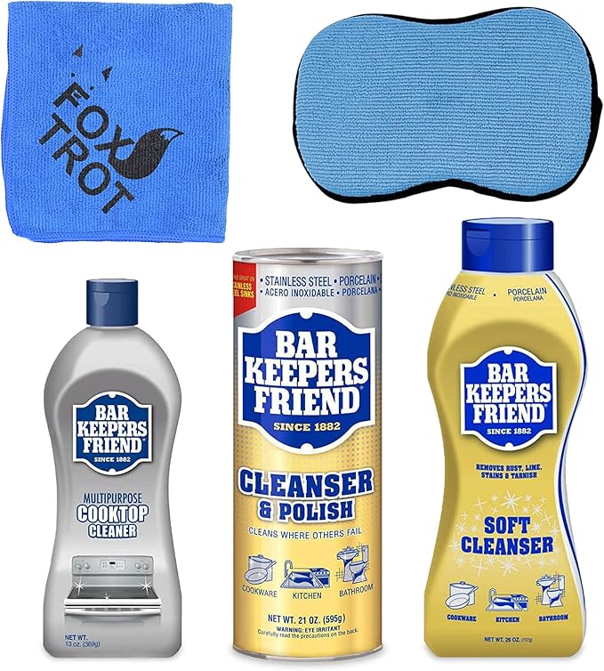 BAR KEEPERS FRIEND Cleanser Trio - Mega Bundle (21 Oz Cleanser and Polish Powder | 26 Oz Liquid Soft Cleanser | 13 Oz Cooktop Cleaner) Plus 1 Foxtrot Microfiber Towel and 1 Microfiber Scrubber Sponge