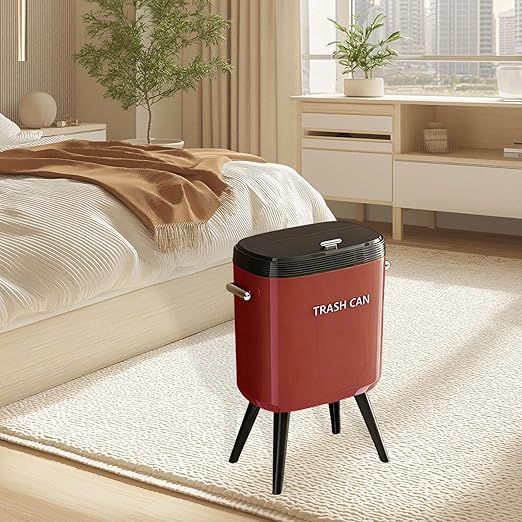 Garbage Can with Legs Dustbin High Foot 15L Large Capacity Household No Bending Wastebasket for Office Bedroom Kitchen Toilet Red