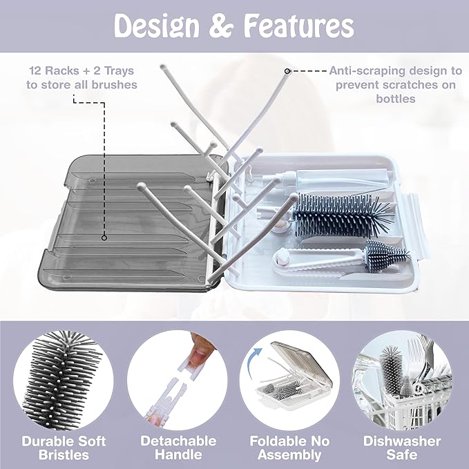 Baby Bottle Brush6 in 1 Bottle Cleaner Brush Kit with Extendable Silicone Bottle Brush Drying Rack Nipple Brush Straw Brush Soap Dispenser &amp Organizer Case Ideal Gifts for Babies &amp Moms