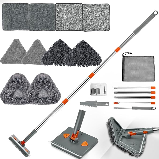 Wall &amp Base Board Cleaner Tool with 360°Rotating Mop Head 180°Folding Design for Effortless Baseboards/Ceilings/Wall Cleaning - Adjustable Long Handle Multi-Surface Scrubber &amp Duster