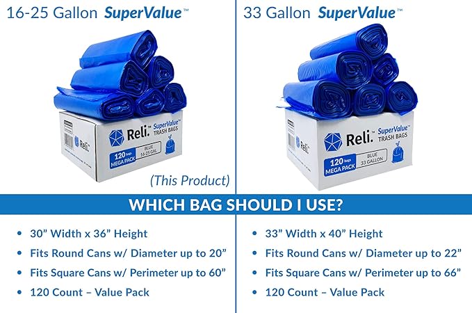 Reli. SuperValue 16-25 Gallon Recycling Bags | 120 Count | Blue Trash Bags